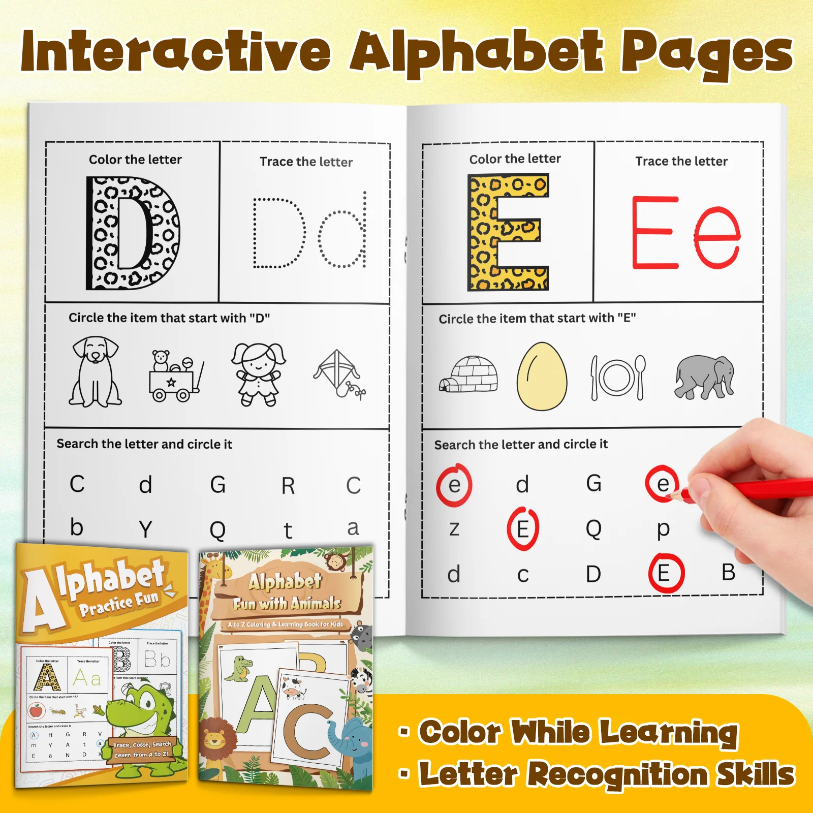 2-Book Alphabet Tracing and Coloring Workbook Set for Kids, A-Z Letter Recognition, Animal Picture Matching, Beginning Sounds