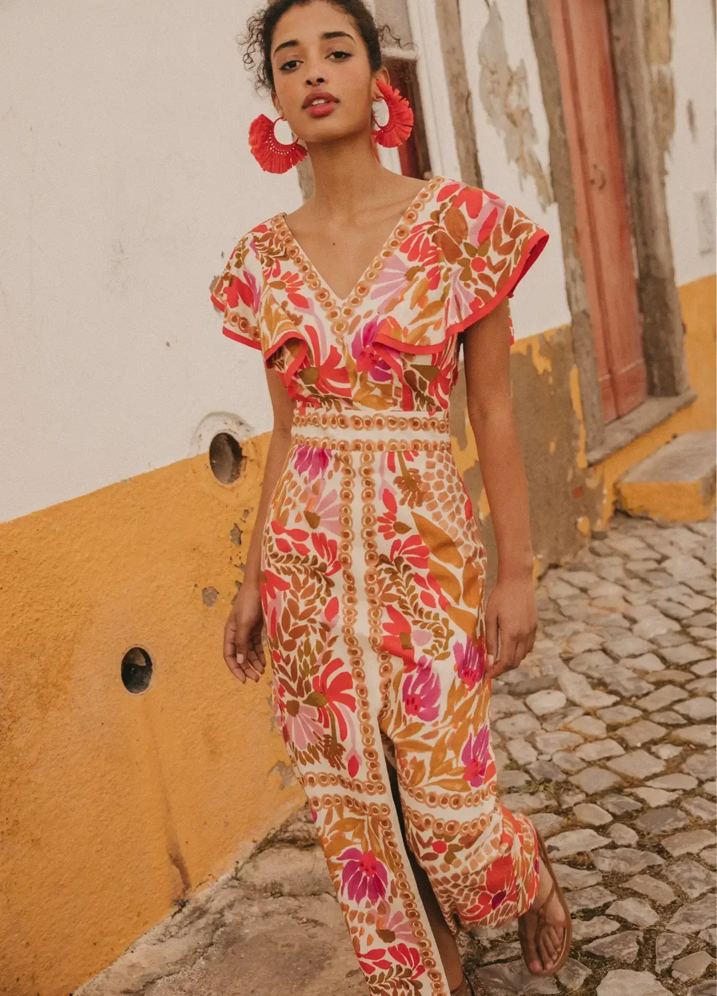 FLAXMAKER V ネック レトロ プリント バックレス ドレス