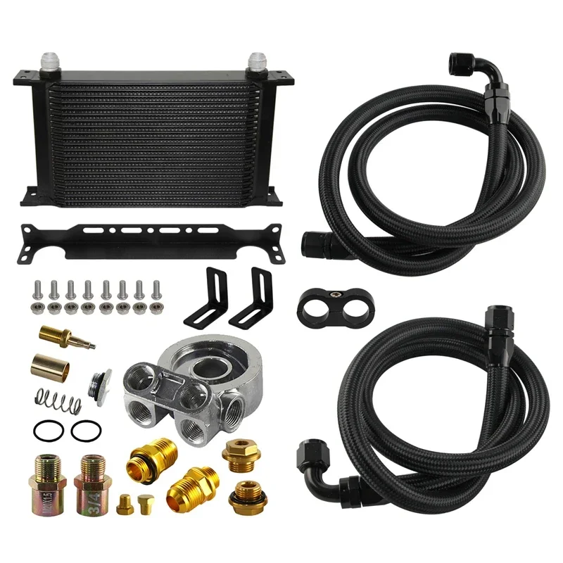 10AN Engine Universal 22 Row Oil Cooler with Thermostat 70C Oil Filter Adapter & Fuel Hoses & Bracket