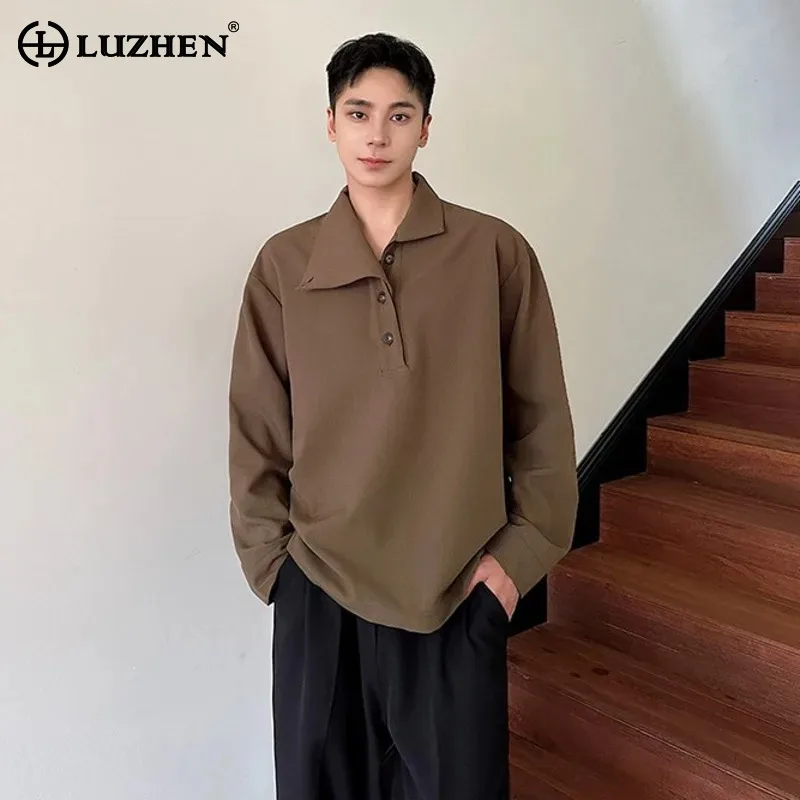 LUZHEN Long 2026 Spring Neck Original Niche Design Asymmetric Sleeve Pullover Shirts Men Fashion Elegant Solid Color Tops JY8421