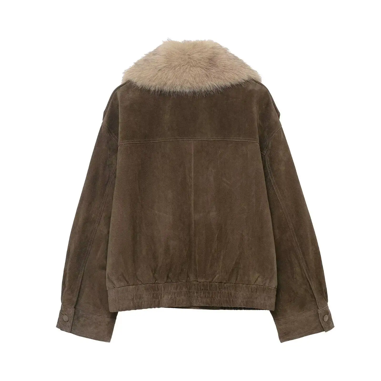 2026 Winter New Women's Casual Fashion Simple Elegant Loose Faux Fur Effect Suede Texture Jacket With Lapel Long Sleeve