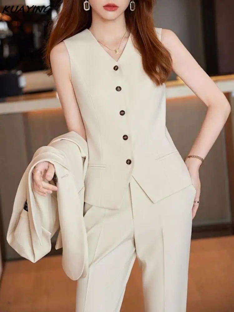 Korean Fashion Women Blazer 3 Pieces Long Sleeve Suit Vintage Jackets Vest + Straight Pants Set Female Chic Business Outfits New