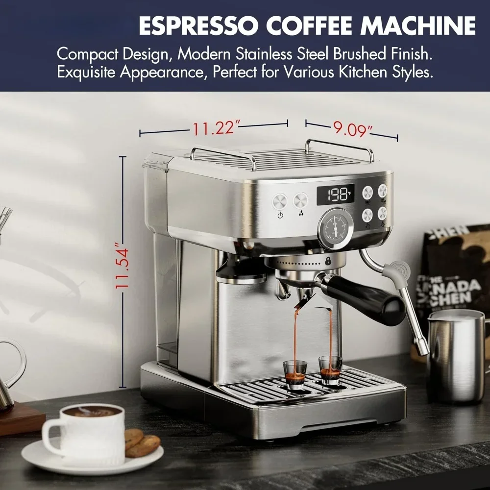 Coffee Maker with Milk Frother, Independent Hot Water, Espresso/ Americano/Latte Stainless Steel Coffee Machine