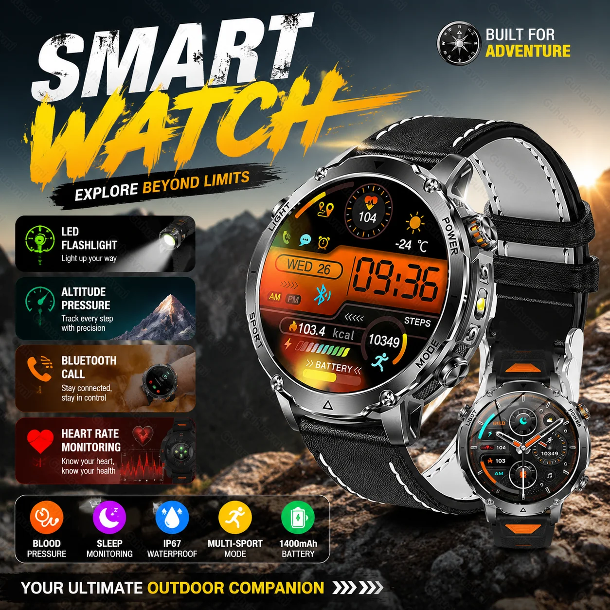 Nouvelle Montre Connectée Militaire 2026 avec Batterie 1400mAh, Lampe Torche Extérieure, Sportive, Étanche, Moniteur de Fréquence Cardiaque, Appel Bluetooth, Bracelets Sportifs pour Hommes