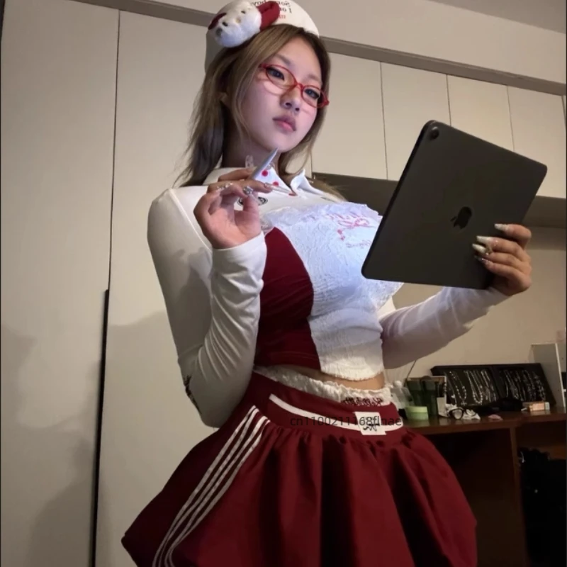 Costume da ballo di strada T-shirt americana in pizzo dolce e piccante a maniche lunghe da donna, vestibilità aderente, polo dimagrante, set di design