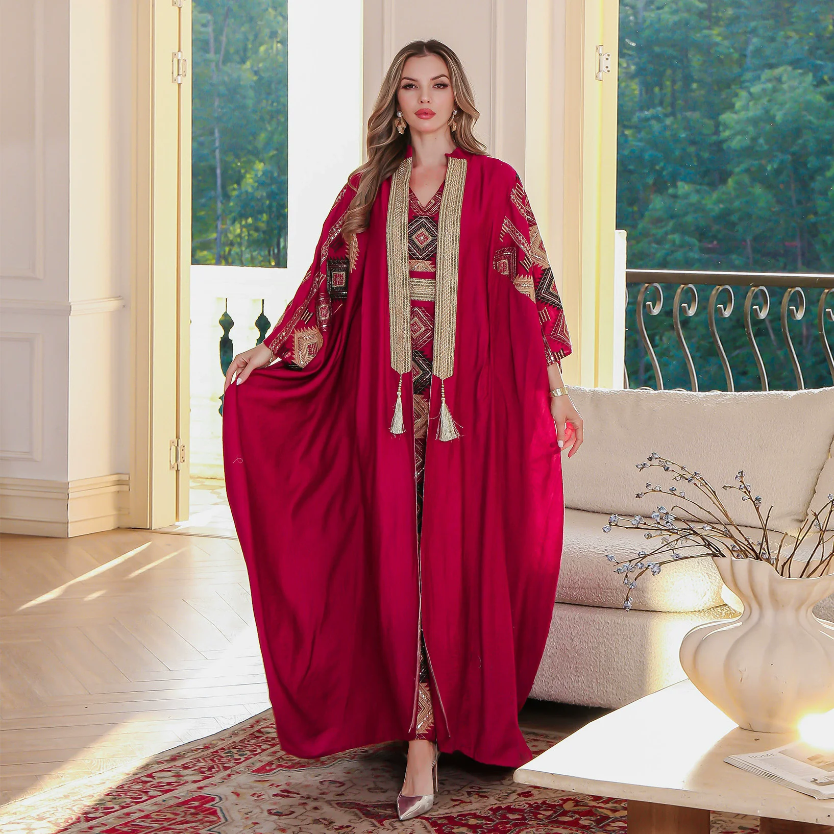 Ramadan Medio Oriente Moda di lusso Arabia Saudita Musulmano Abito ricamato Abaya Abito da sera di lusso leggero Abito da due pezzi