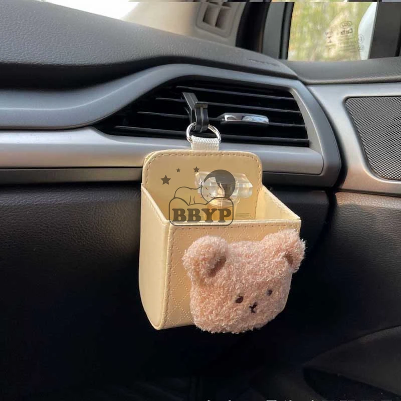 1Pcs Cartoon Bear Car Storage Bag Air Vent Dashboard Tidy Hanging Leather Organizer Box Glasses Phone Holder Storage Organizer