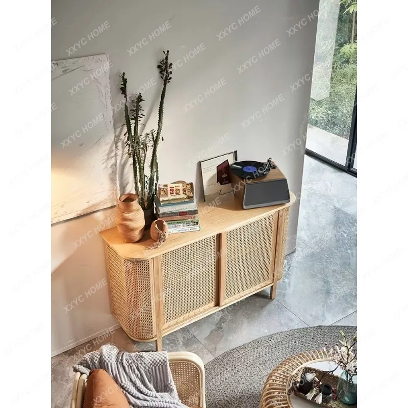 XX solid wood sideboard vintage rattan woven TV cabinet