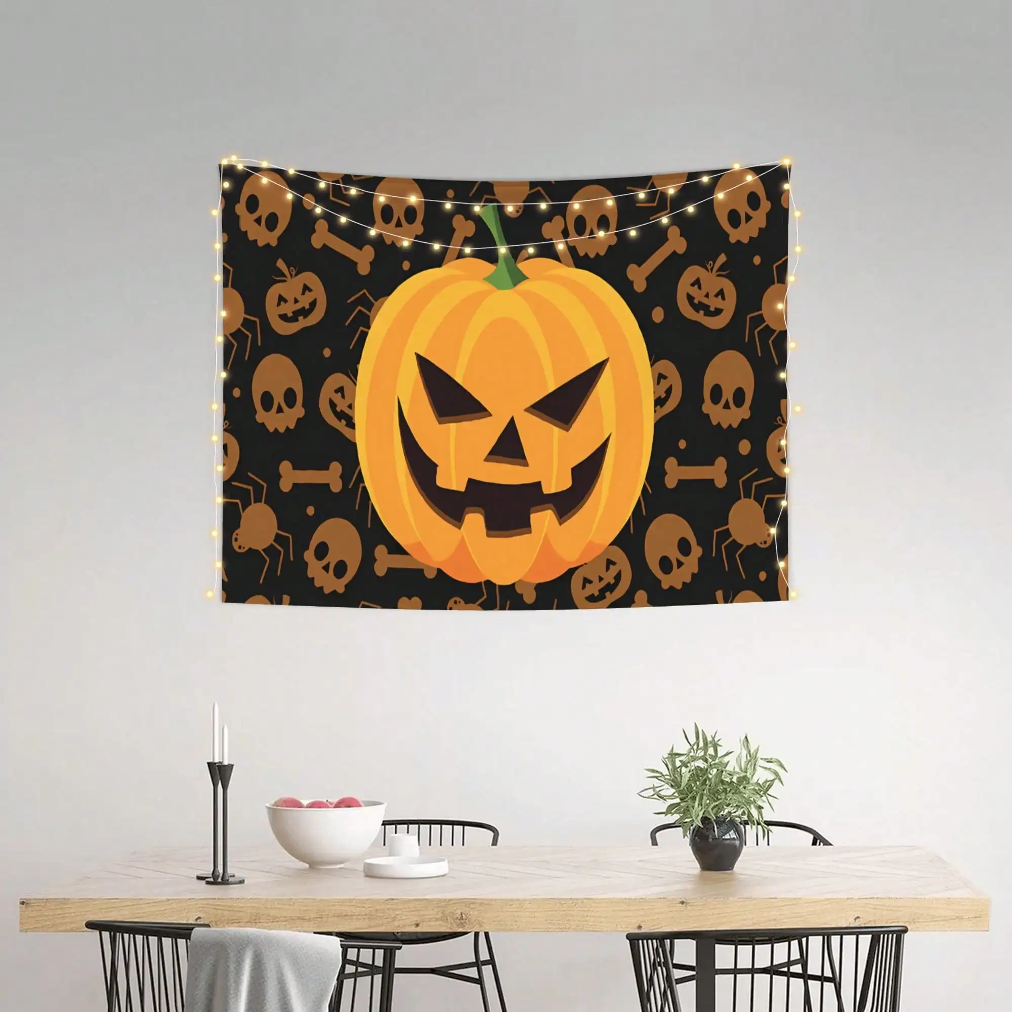 Halloween Pumpkin Skull Wall Hanging Tapestry, Spooky Jack-O-Lantern Horizontal Wall Decor For Home Party