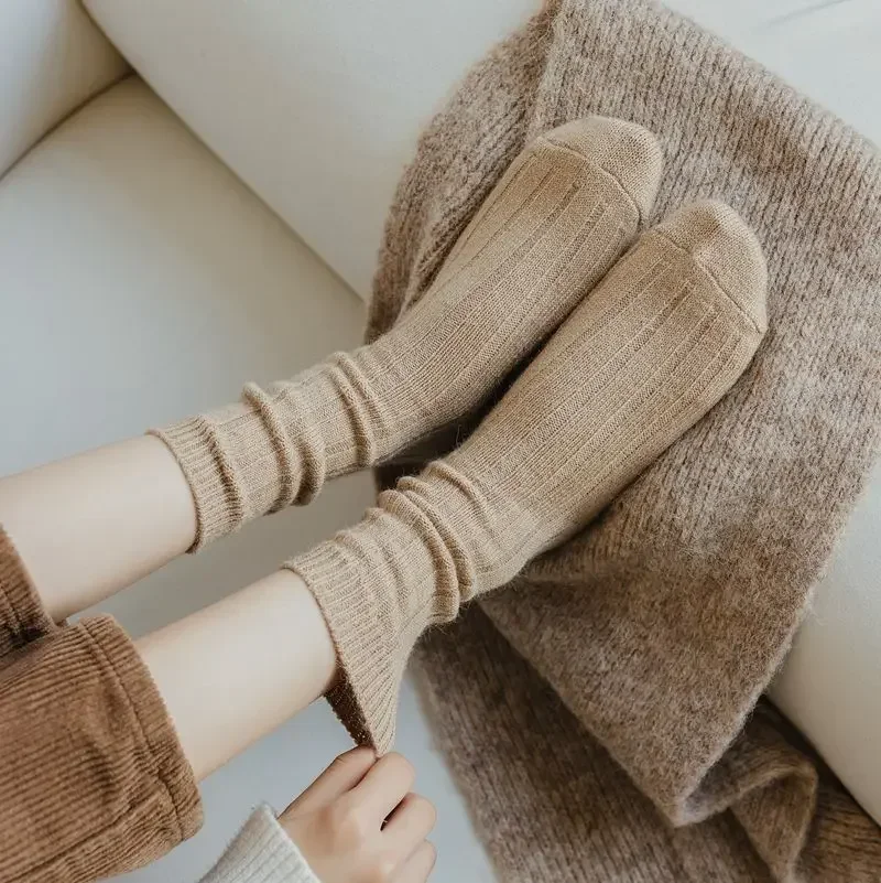 Autumn Winter Thick Warm Wool Sock Solid Color Women Ins Trendy Japanese Striped Cashmere Midcalf Maternity Fashion Casual Socks