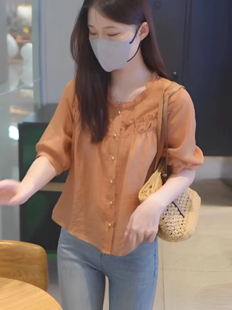 

Thin Chiffon ort Sve irt Women Summer 2024 New Sle Doll irt Unique Beautiful Top Commute Sle Loose Fit round Ne