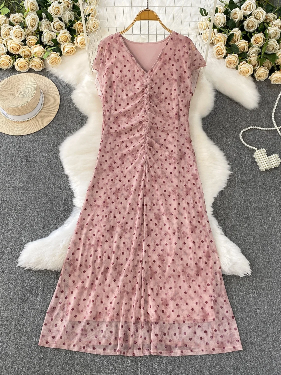 Roze Polka Dot V-Ne ort Sve Dames Dr Zomer A-lijn Midi Rok Verzamelde Taille Afslanken Me Pendelen Sle Hoge Taille