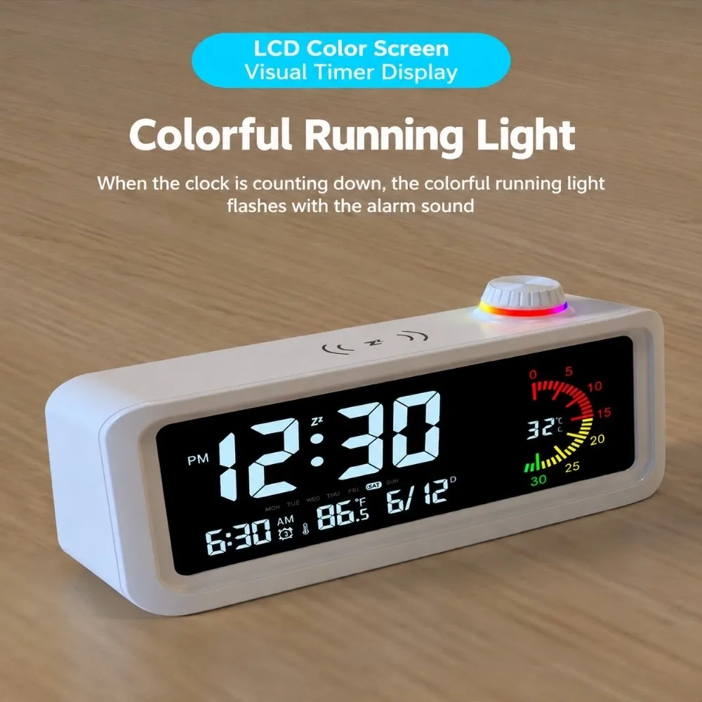 Multicolor Alarm Clock LCD Screen Week/Temperature Digital Visual Timer Type-C Charging Year Month Day Display Timer Alarm Clock