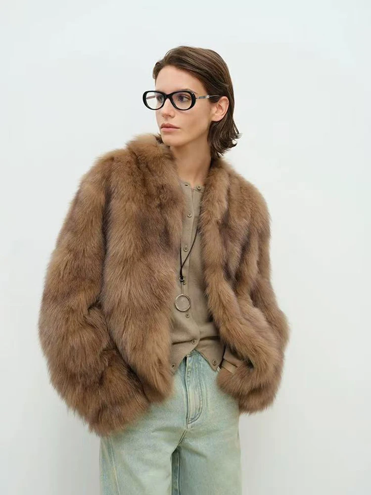 Fashion Faux Fox Fur Coats Women Winter Thick Loose Stand Collar Hairy Jacket Y2K Streetwear Long Sleeve Fluffy Fur Outerwear