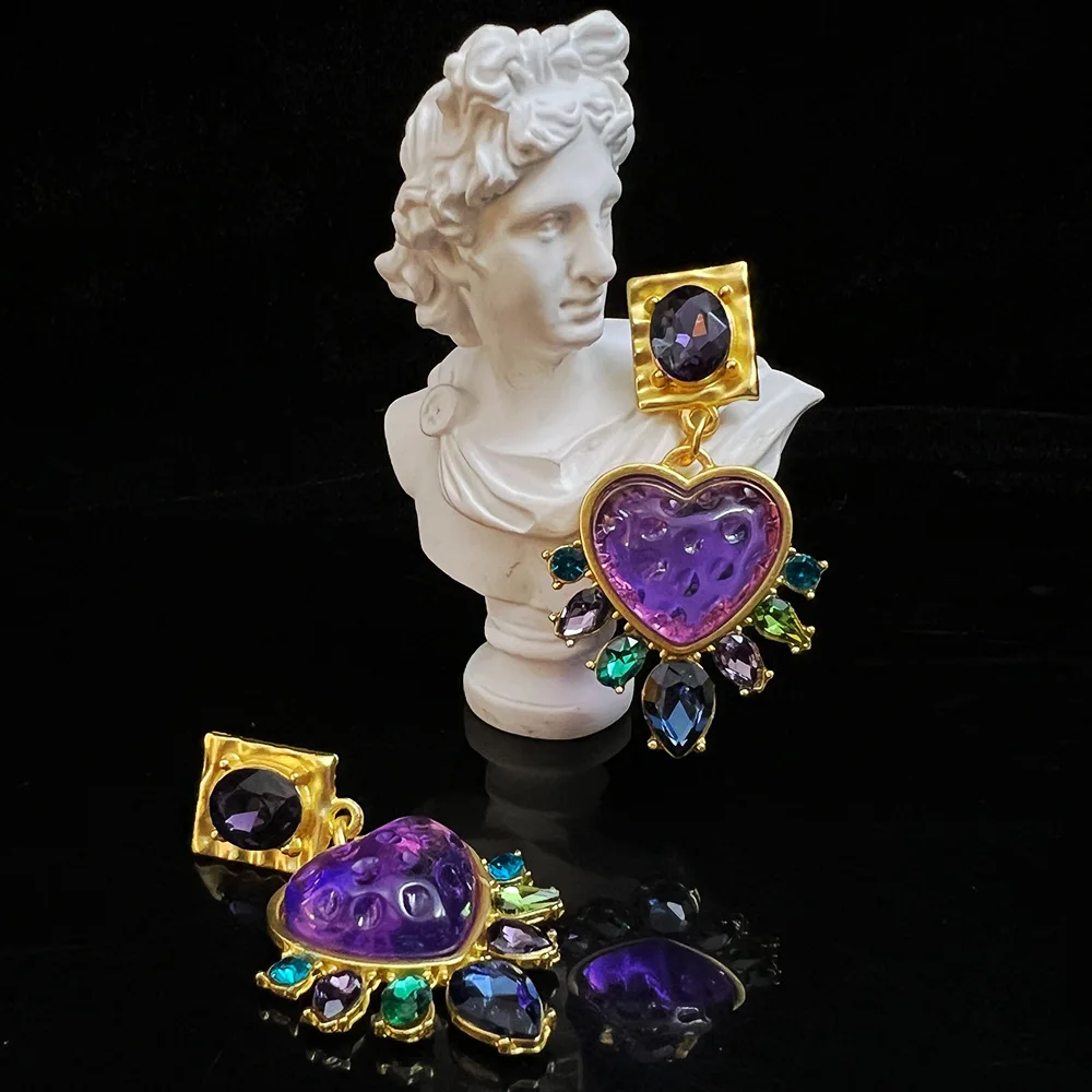 

Vintage Heart Amethyst Lapis Chunky Earring 925 Silver Pin Multi-gemstone Class Ear Drop Hoop Huggie Classic Jewelry Wholesale