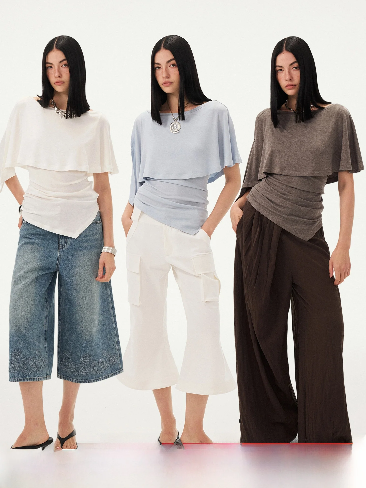 DIDDI MODA White Batwing Sleeve T-Shirt Women's Slim Fit Casual Style Fake Two-Piece Irregular Design Summer 2026 New Arrival