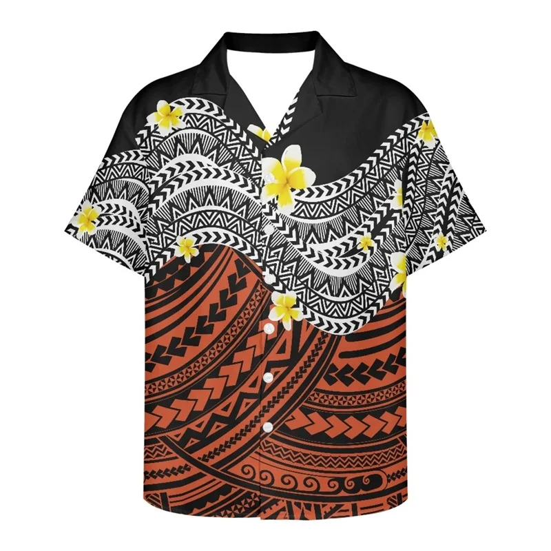 Men\'s Tribal Polynesian Beach Shirts 3D Printed Short Sleeve Button Down Casual Hawaiian T-Shirt Mens Oversized Tee Tops Clothes