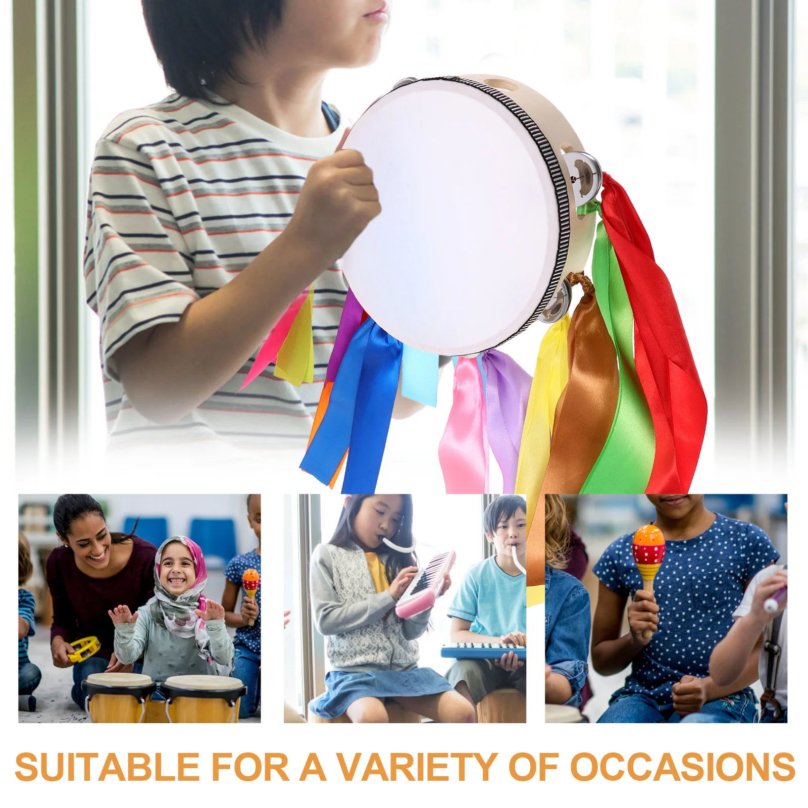 

Thickened Colorful Ribbon Hand Drum Durable Wooden Percussion Instrument Sports Dance Party Cheering Props Stage Performance