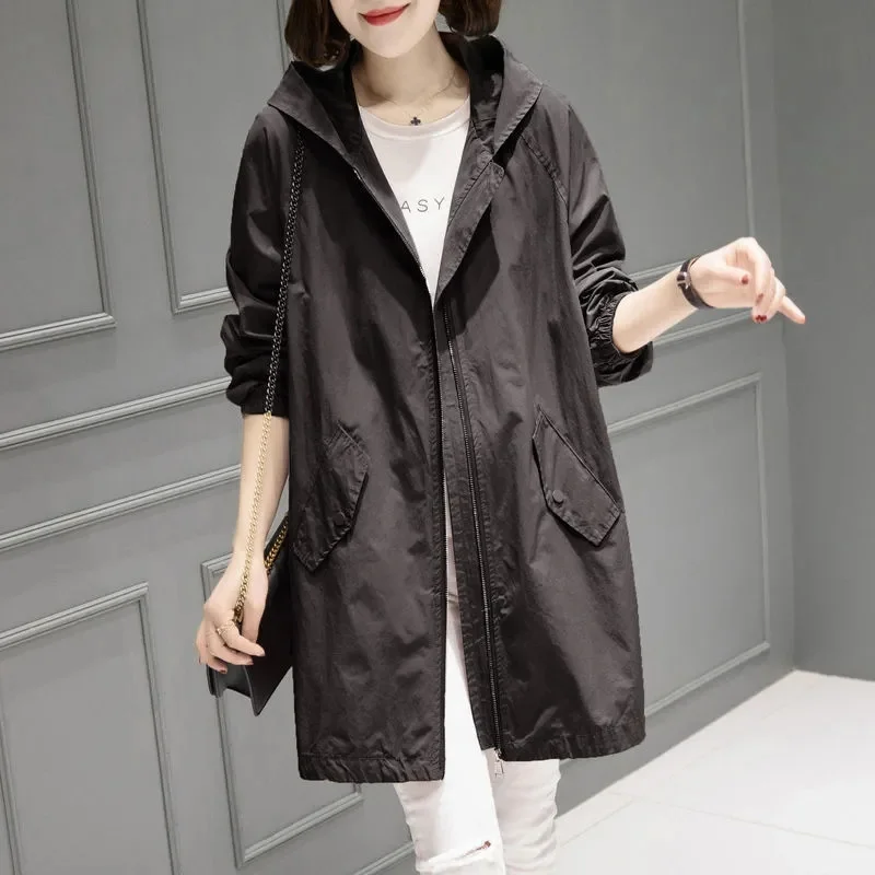 

Solid Color Liner Jacket Long Hooded Trench Coat Female's 2024 new Spring And Autumn Loose Plus Size Women's Fashion Slim Coat