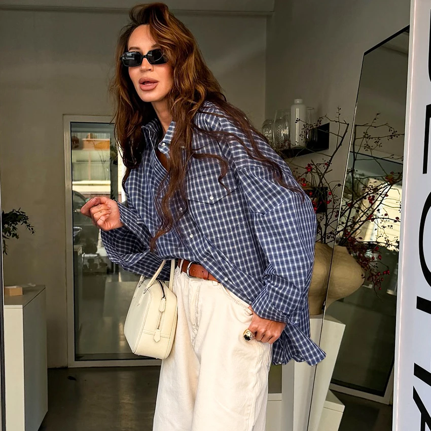 Linad Street Chic Check With Pocket Shirts Vintage Single Breasted Blouse Woman 2025 Autumn Cotton Long Sleeve Tops Women Casual