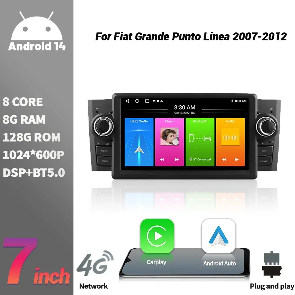 Android 13 Carplay 4G Multimedia Car Radio 2 Din Screen GPS For Fiat Grande Punto Linea 2007-2012 Wireless