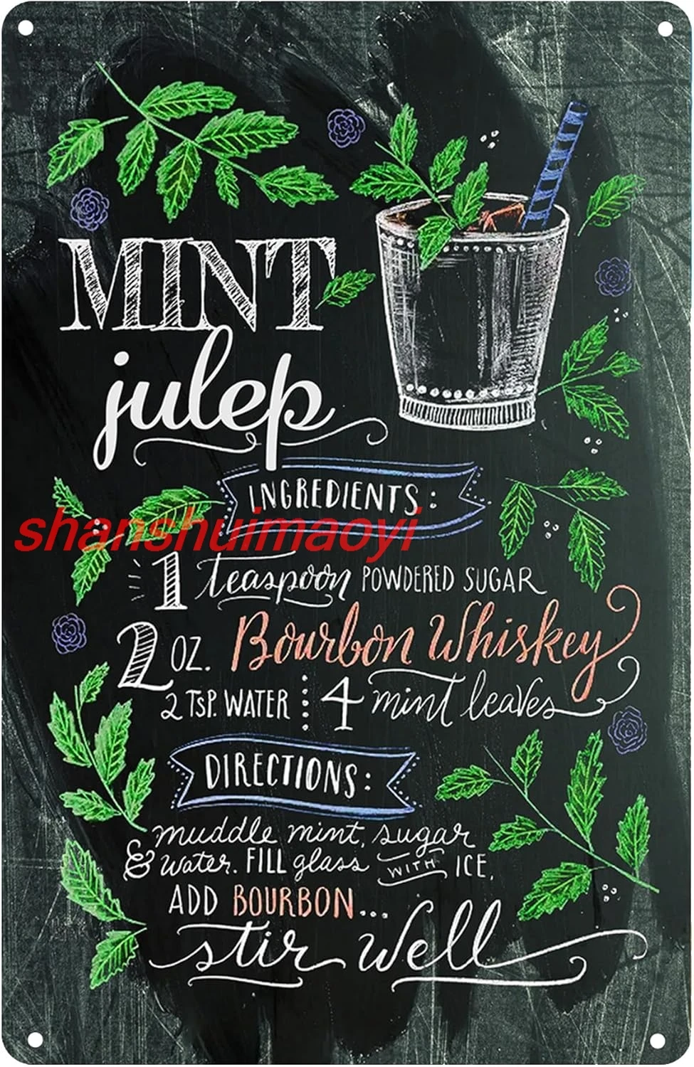 Vintage Mint Julep Cocktail Recipe Metal Sign Wall Art Decoration, Bar Party Decorations, Fun and Unique Artwork 8x12 inche HAI