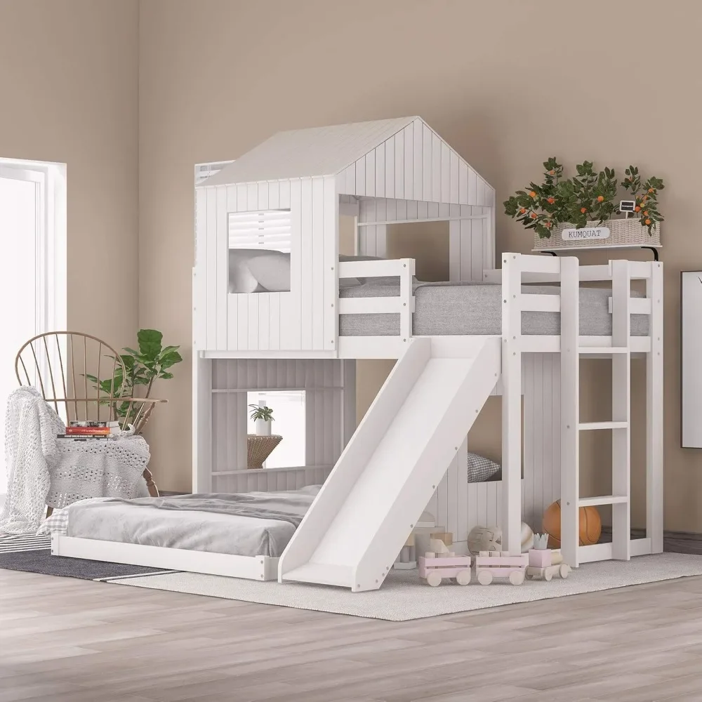 Twin Over Full Bunk Bed Frames with Slide, Safety Guardrails and Ladder for Teens, Girl or Boys, House Shape Children Beds