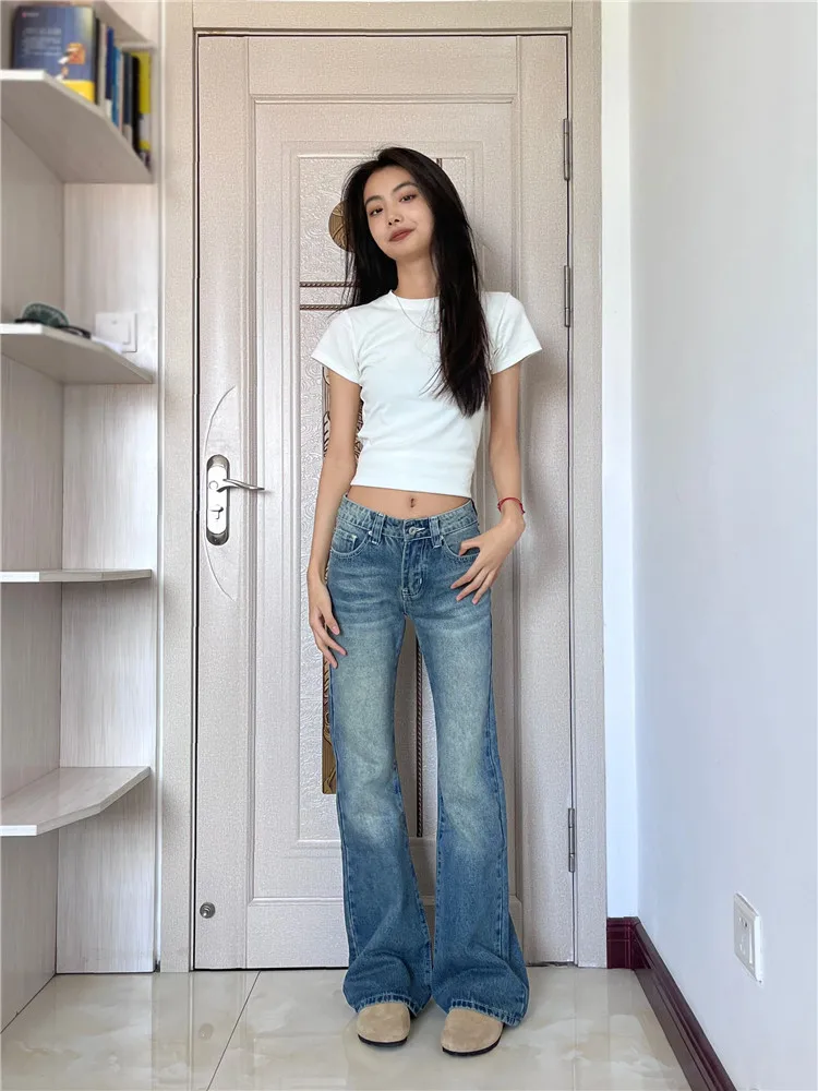 

Американские ретро-джинсы-клеш синего цвета для женщин, с низкой посадкой, утягивающие, удлиненные, в стиле High Street