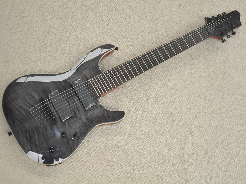7 Strings Golss Black Electric Guitar with 24 Frets,Rosewood Fretboard,Flame Maple Veneer,Customizable