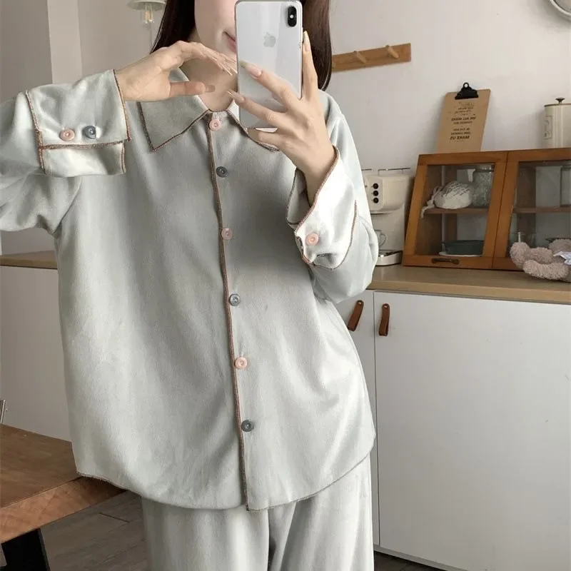 

Spring and Autumn Women's Pajamas Set Korean Fashion Students Long-sleeved Long Pants Sleepwear Two-piece Elegant Home Clothing