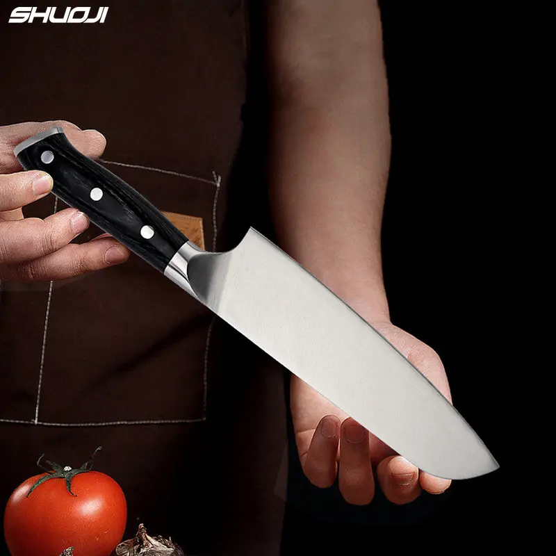 SHUOJI 7 inch Stainless Steel Santoku Knife Germany Steel Kitchen Knife 5Cr15mov Chef Slicing Santoku Knives Wood Handle Knife