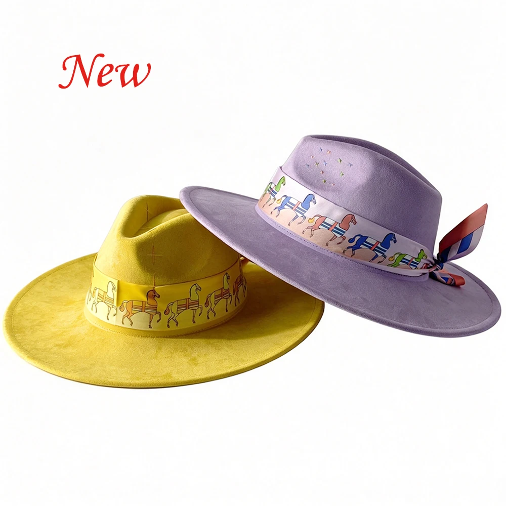Women Yellow Wide‑Brim Fedora Hat, Horse‑Print Scarf Decor, Hand‑Stitched Cross Detail, Vintage Sun Hat for Beach Vacation, Cust