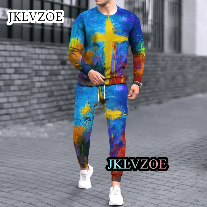 

Men's Set Jogging Sportwear 2-piece Oversize 3D Print Long Sleeve T-Shirt Trousers Fashion Casual Tracksuit Graphic Clothes