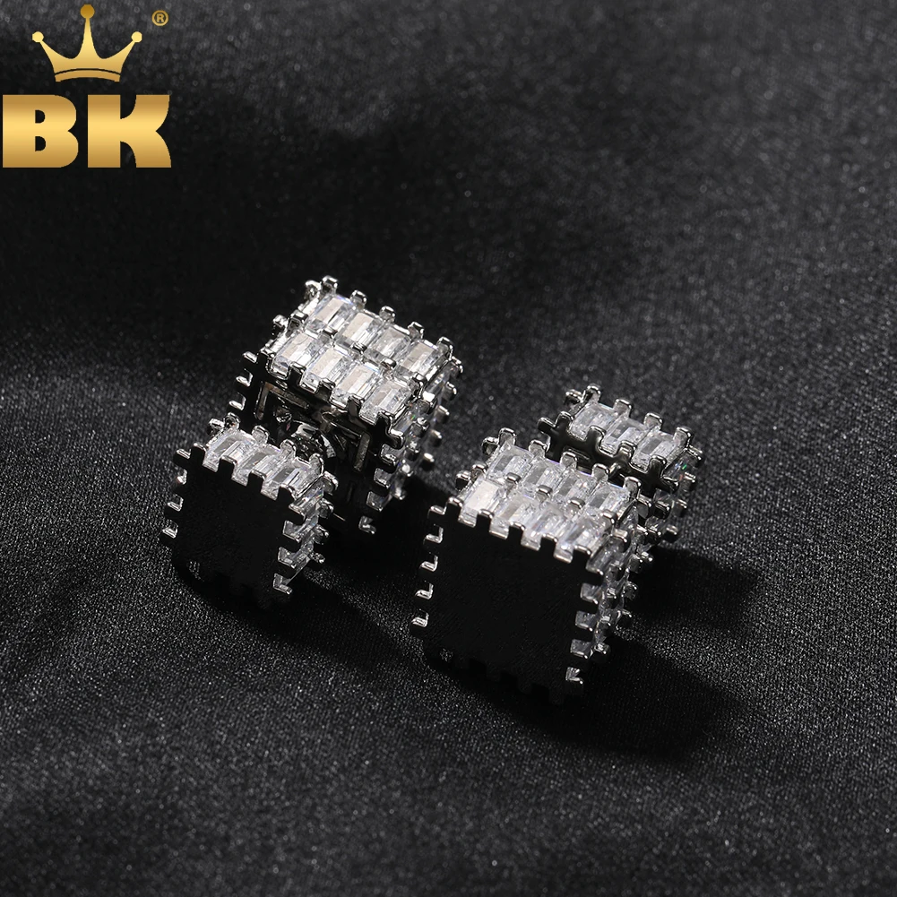 THE BLING KING 3D Square Blocks Screw Back Stud Earring Iced Out Cubic Zirconia Men Women Cube Earring Hiphop Jewelry Best Gift