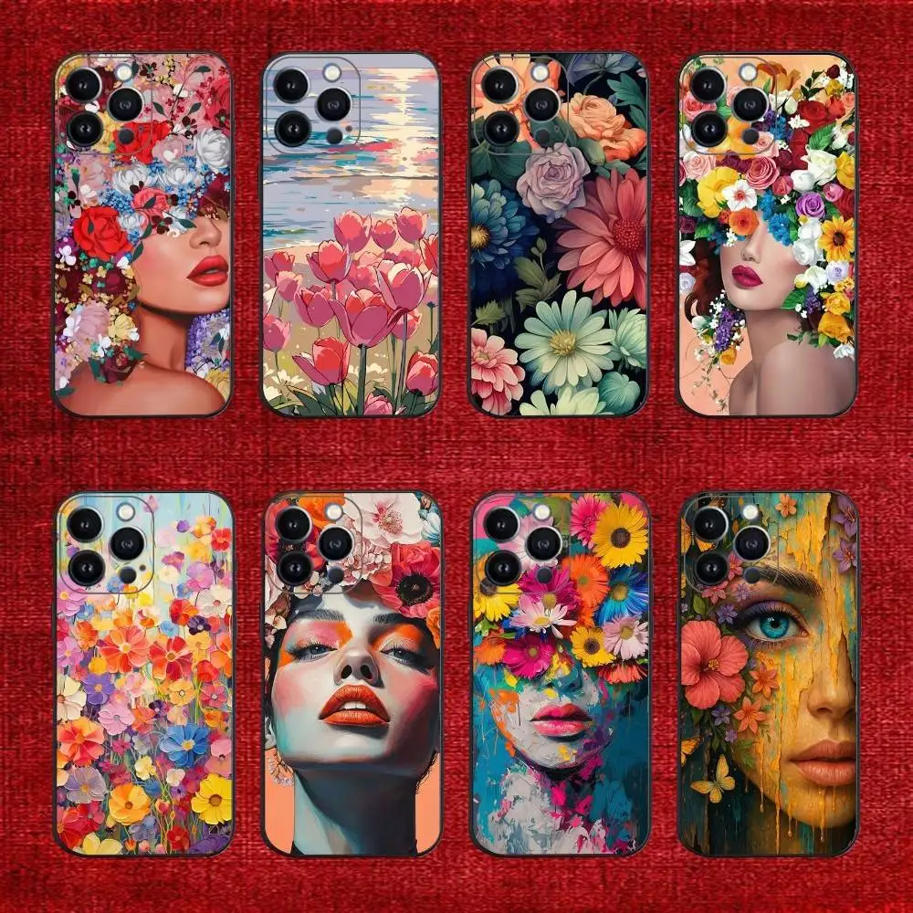 

Oil Painting Flower Phone Case For iPhone 16e,16,15,14,13,12,11,Pro,X,XS,Max,XR,Plus,Mini Soft Black Cover