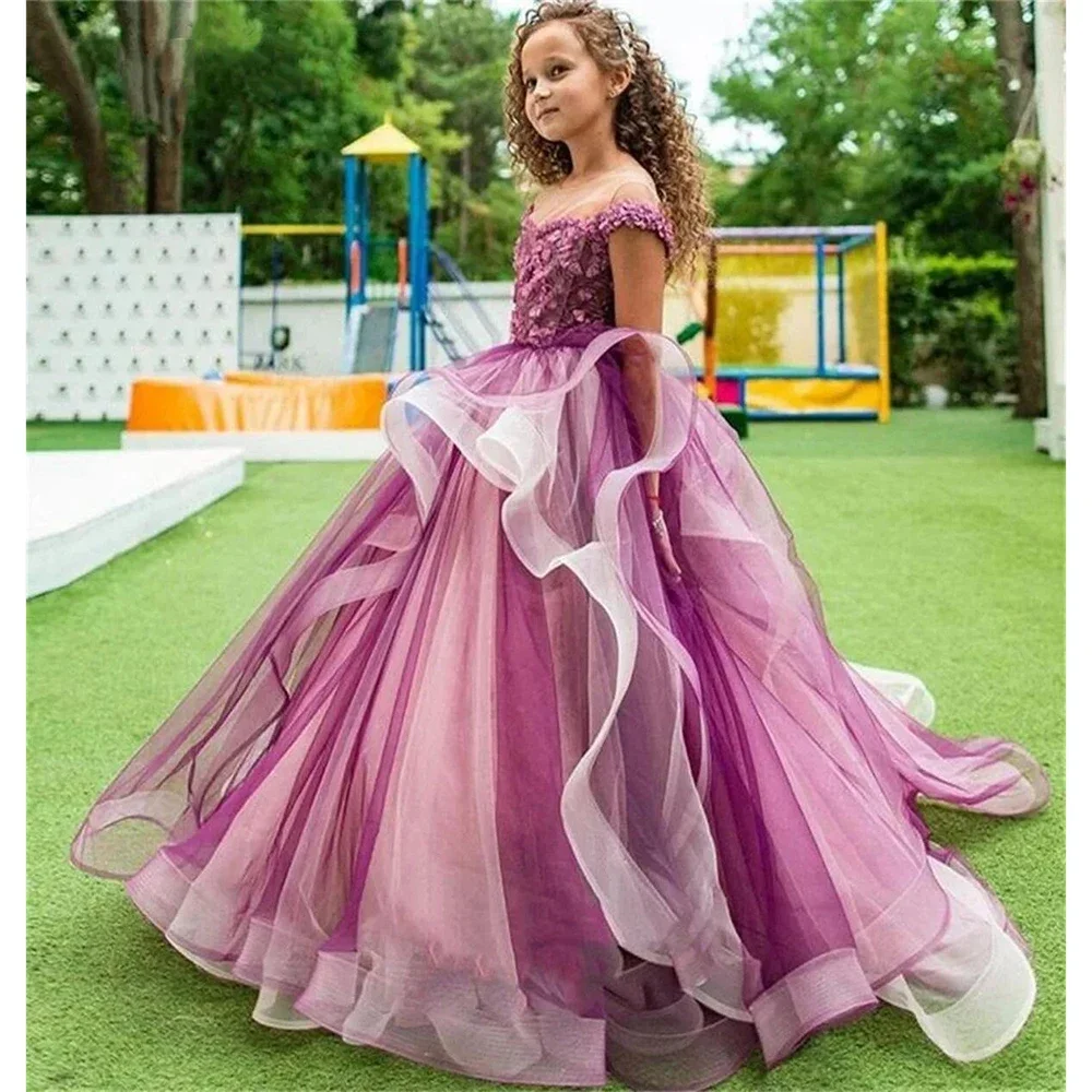 

Elegant Purple Flower Girls Dresses For Wedding Princess Tulle Ruffles Floral Appliques First Communion Gown