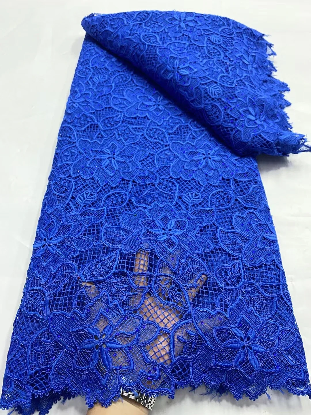 Royal Blue African Guipure Cord Lace Fabric 2024 High Quality Nigerian Water Soluble Mesh Lace Fabric For Wedding Dress LDP24108