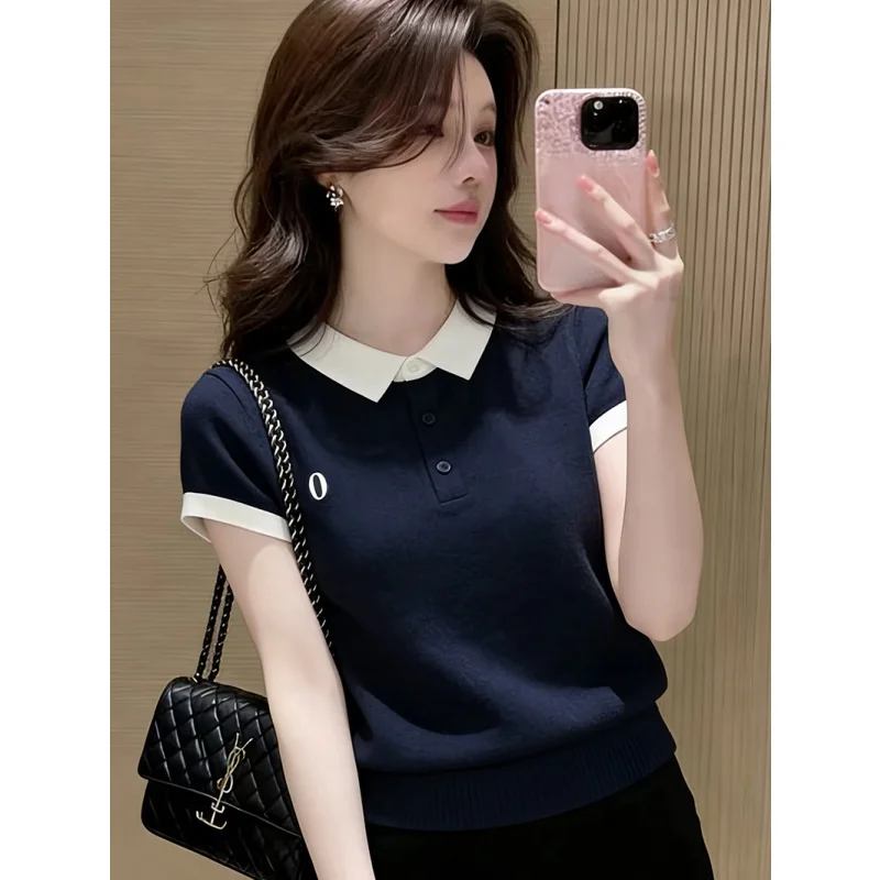 Korean Style Color Block Knitted Short Sleeve T-Shirt Women's Summer New Slim Fit  Collar Elegant Top Casual Fashion