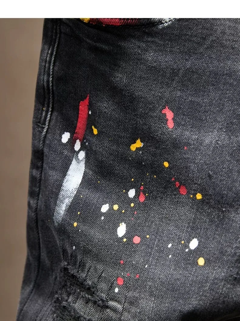 Autumn and Spring New Fashion Trend Printed Straight Leg Ripped Jeans Men's Casual Slim Fit Sports High Quality Denim Pants