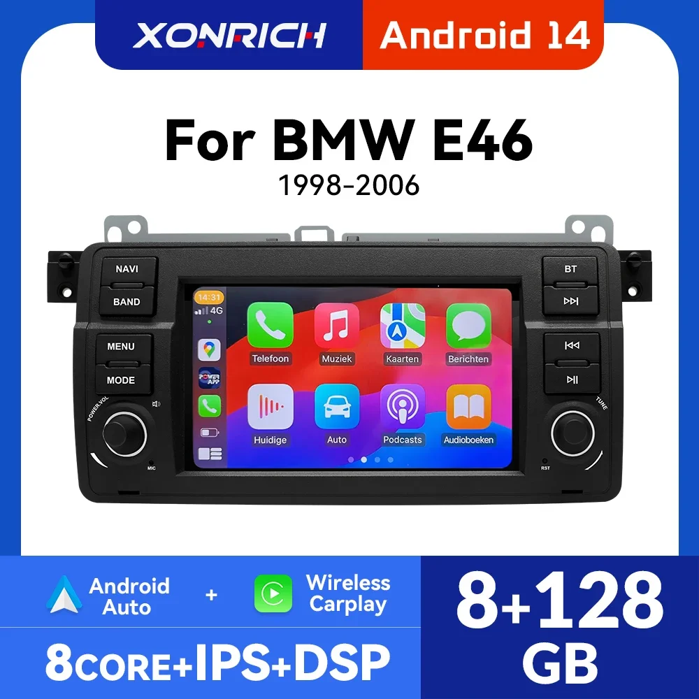 8GB Carplay Android 14 multimédia de voiture pour BMW E46 M3 318/320/325/330/335 Rover 75 coupé Navigation 1 Din GPS DSP unité principale Audio