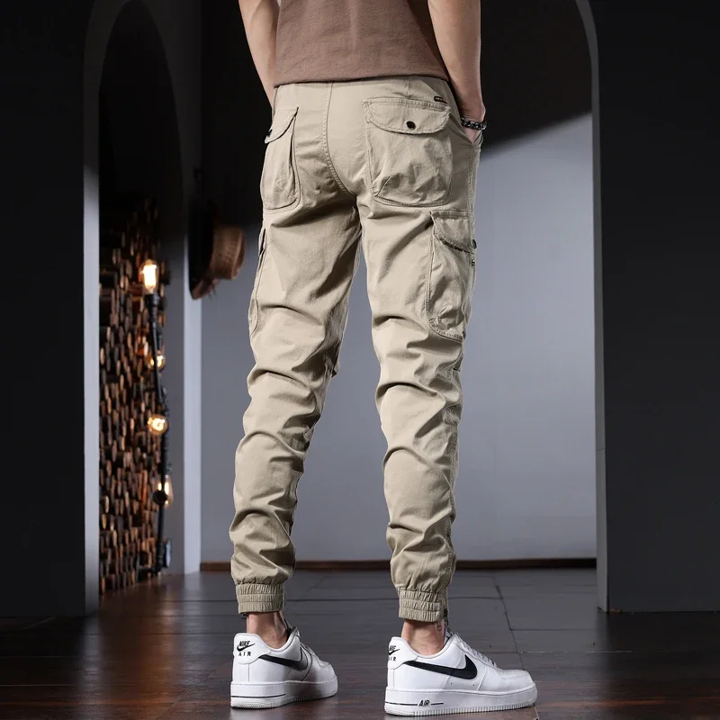 Men's Khaki Cotton Cargo Pants Summer Casual Tactical Multiple Pockets Drawstring Trousers CP2209