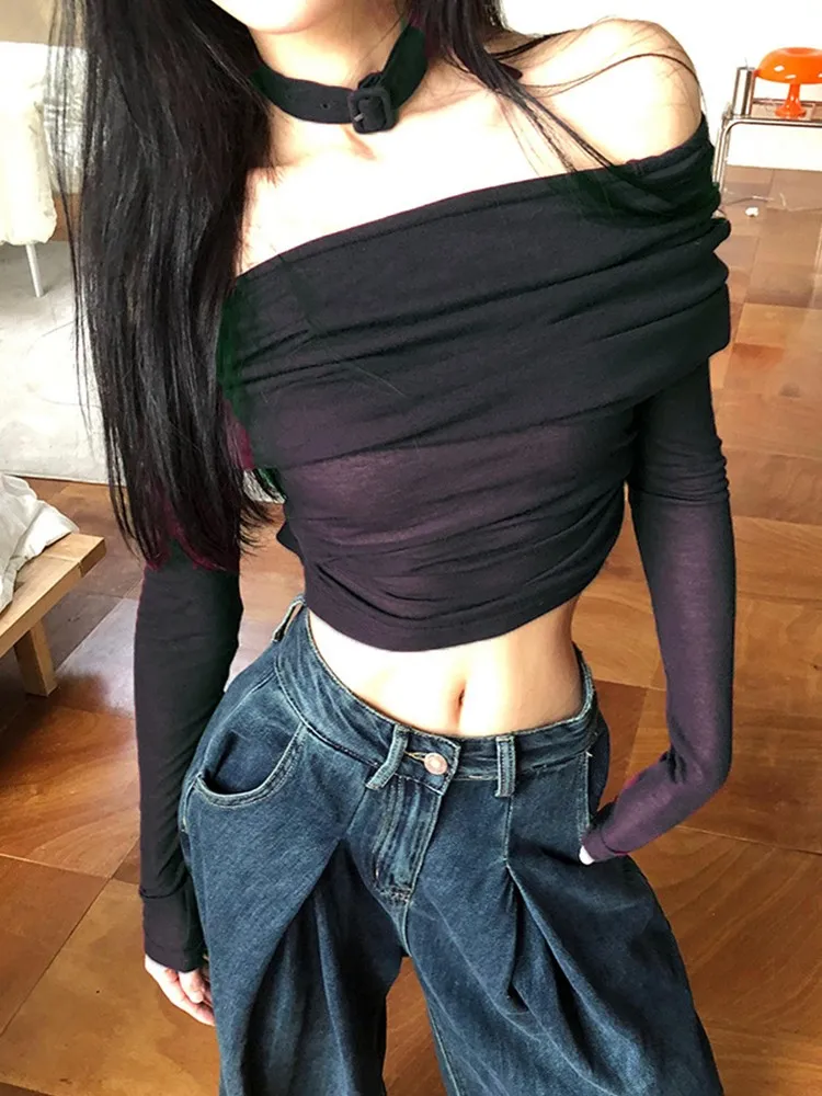 AzaleeKa-Camiseta Vintage con hombros descubiertos y gargantilla para mujer, Tops cortos de manga larga, ropa de calle de estilo coreano, camiseta Retro de los años 2000