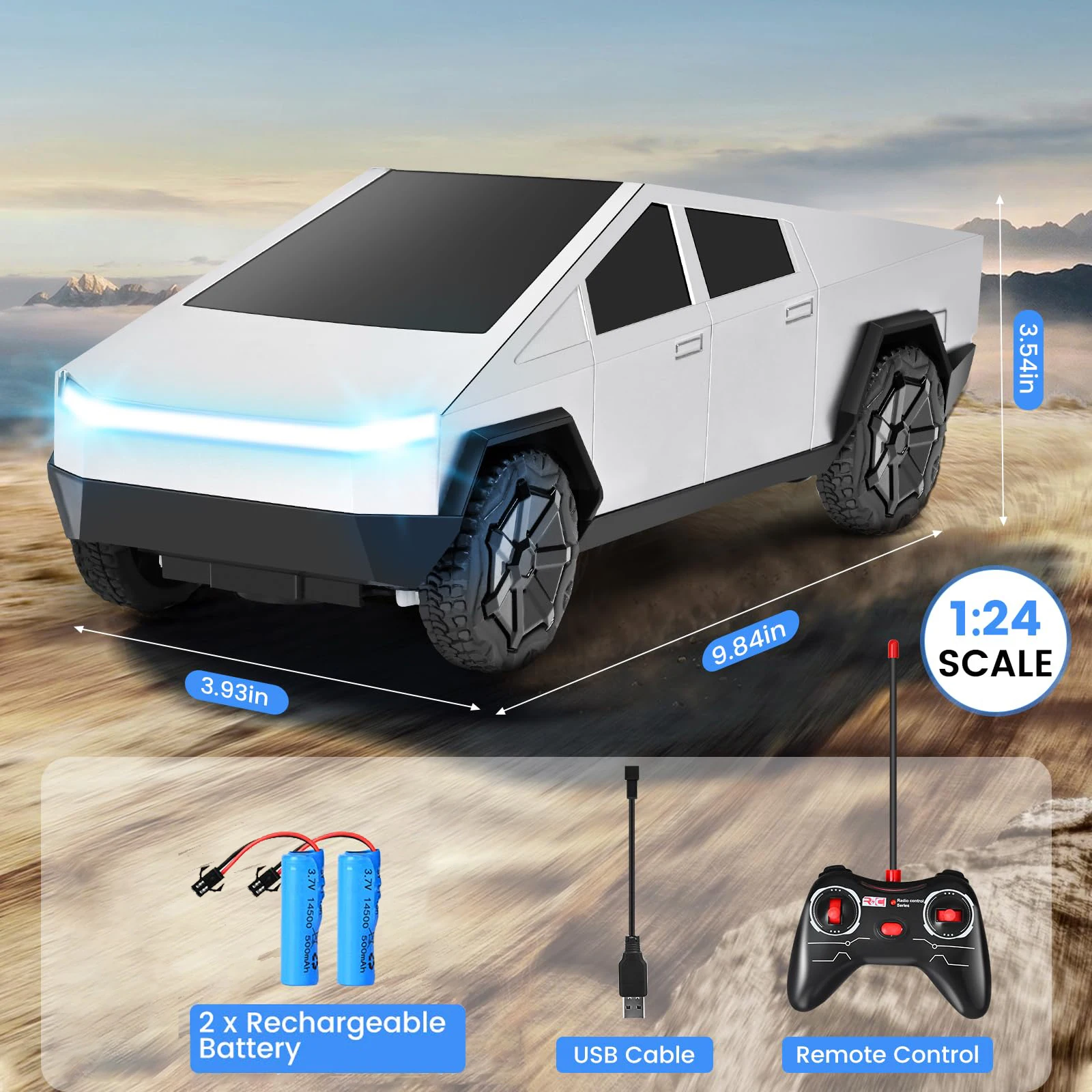 1:24 RC 사이버트럭 픽업 4WD 오프로드 원격 조종 자동차, 27Mhz 고속 듀얼 모터 트럭 LED 라이트 포함, 소년 어린이 선물