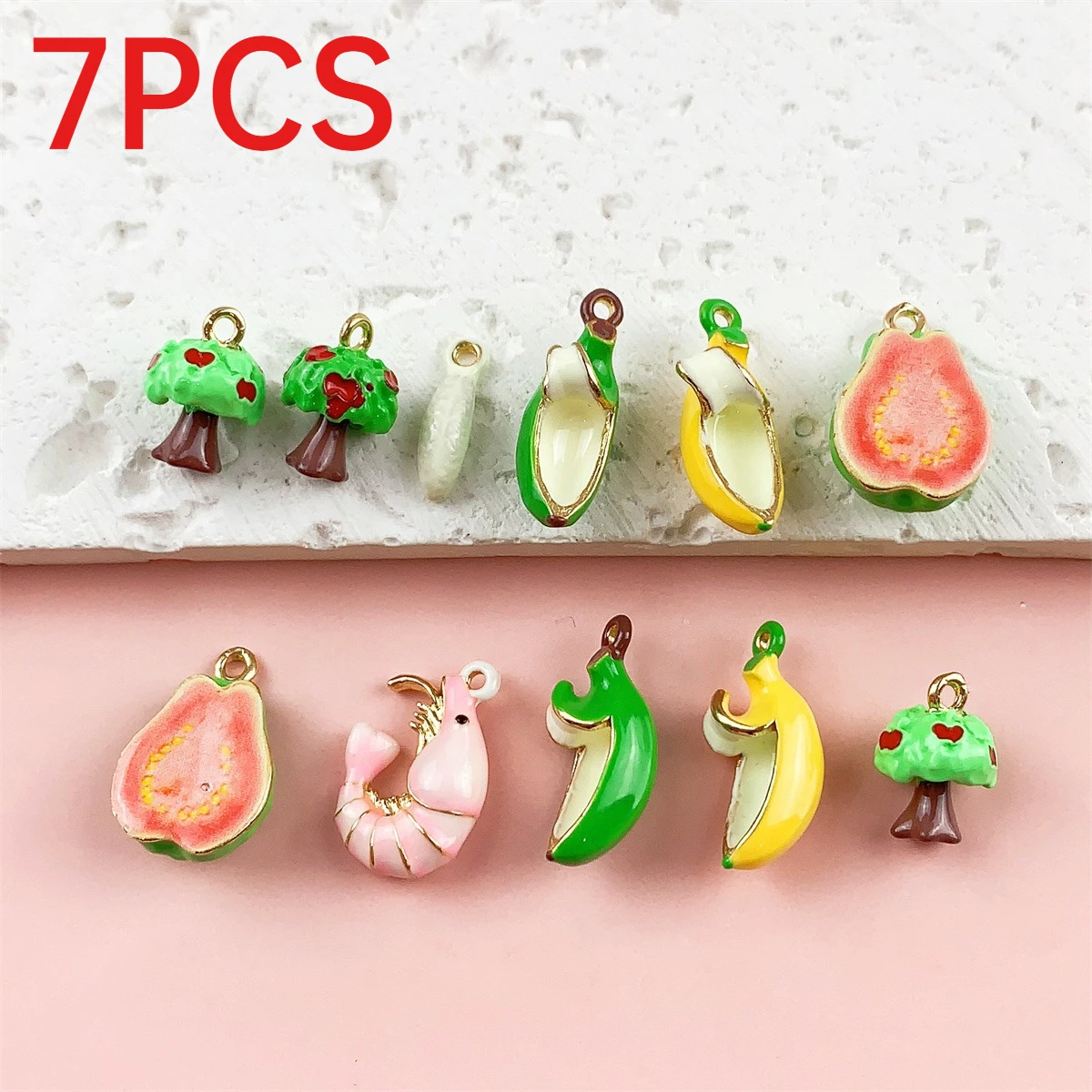 7Pcs Alloy Enamel 3D Fruit Charms Banana Apple Tree Guava Lobster Simulation Pendants DIY Jewelry Making Accessories