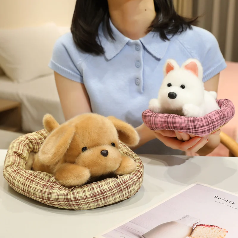 20/26CM Cute Lazy Puppy Plush Dog Doll Realistic Schnauzer Golden Retriever Corgi Sleep On the Pet Bed Kawaii toys