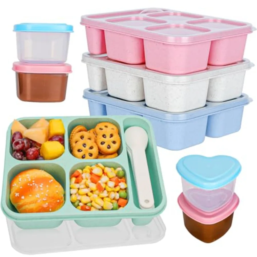 4Pack Bento Box Set, 4 Compartment Snack Containers, 4*Utensils and 4*Salad Dressing Container To Go, Snack Containers for,Micr