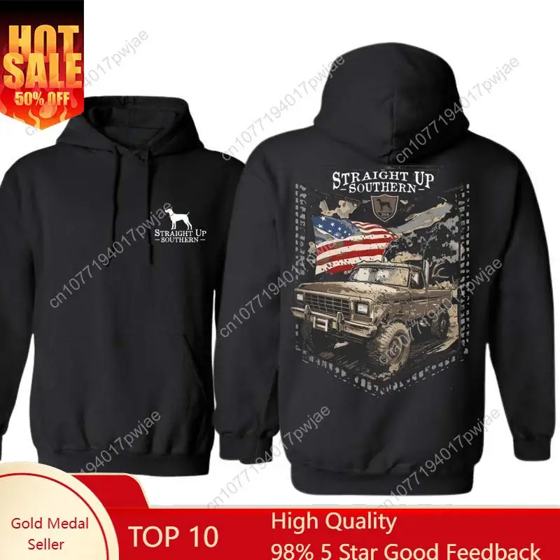 

Southern Hoodie - Rugged Off-Road Truck Design with American Flag, Unisex Sweatshirt for Proud Southern Patriots & Off-Roading E