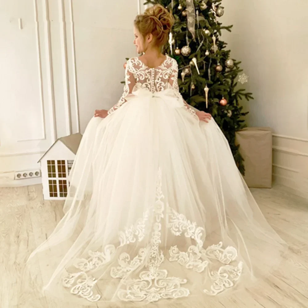 Girls Long Sleeve Lace - Embroidered Tulle Gown with Bow Ideal for Flower Girl Events Birthday Piano Performance Wedding Banquet