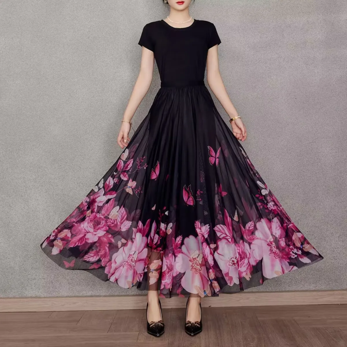 

Female Beach Big Hem Skirts Summer Women Elastic Waist Chiffon Long Skirt A Line Dancing Skirt