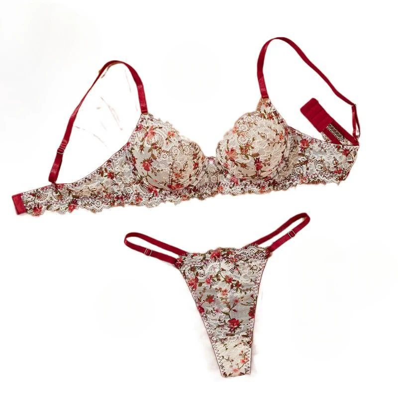 Bikini lace floral lingerie set with color-blocking underwire, push-up, hollow-out design, comfortable and breathable